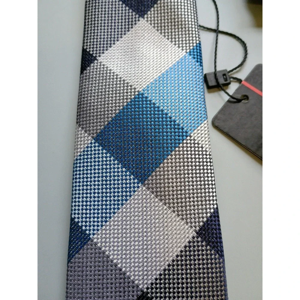 NWT Boys Easy Zipper Tie / Pocket Square Set (One Size) Plaid Blues‎ Grays